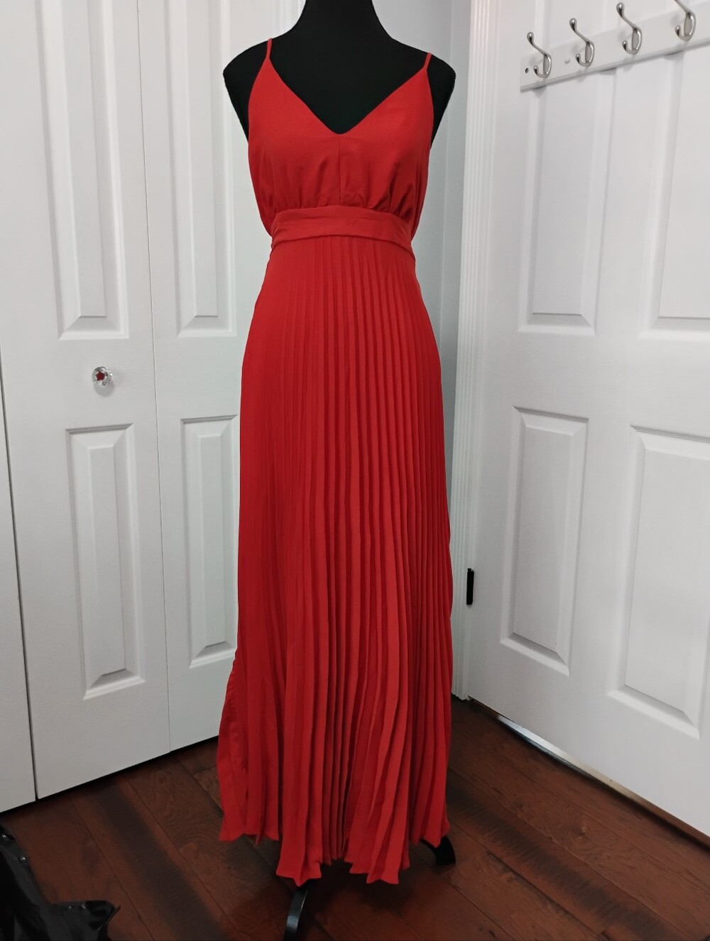 Red-orange Pleated Maxi Dress with V-Neck